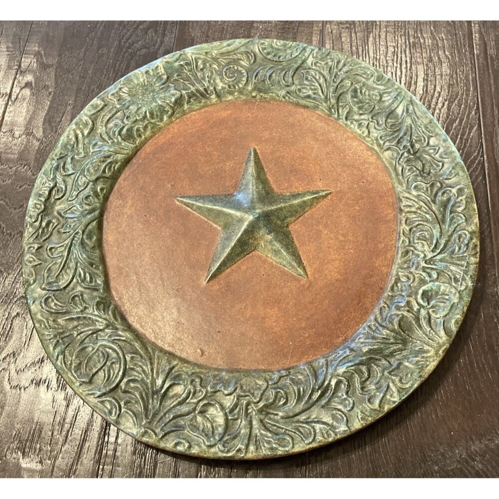 Made in Mexico Embossed Star Decorative Plate Brown‎ Green Western Floral Heavy
